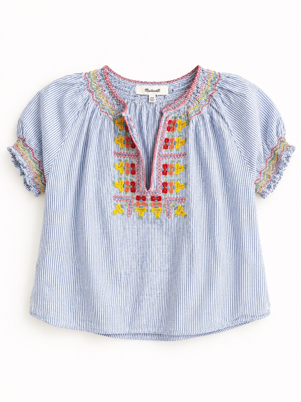Madewell Blue Pinstripe Embroidered Floral Peasant Top